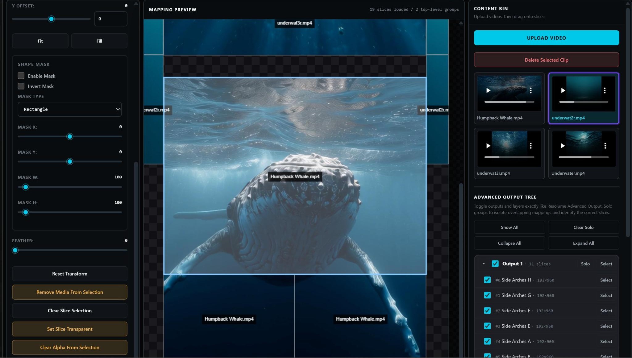 Cue Map desktop interface showing video slices in a mapping preview, a content bin, and an advanced output tree.