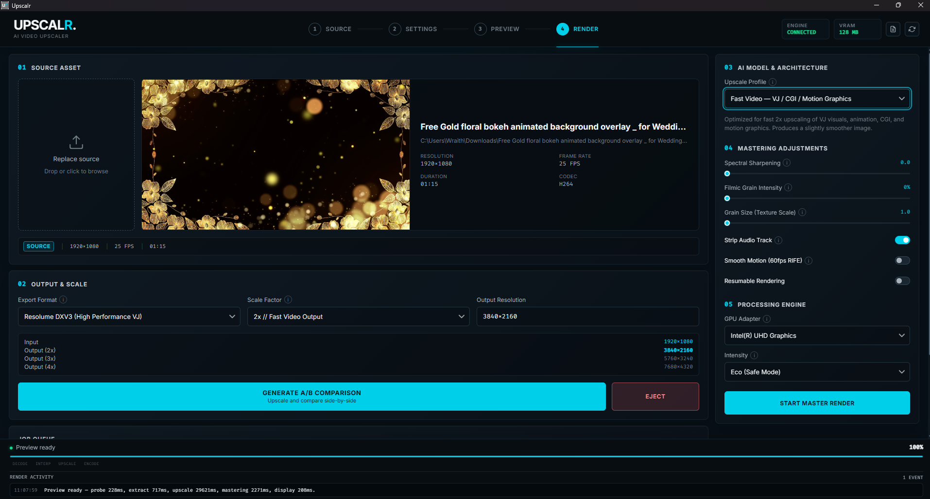 Upscalr desktop application showing video upscaling controls and a preview of a live visual.